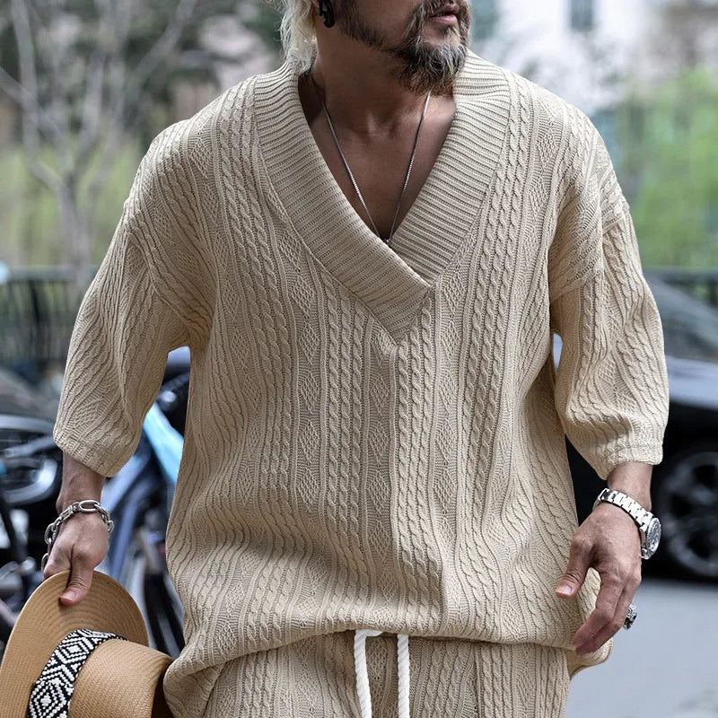 Loose Casual Knitted Men's T-shirt Summer Breathable Short Sleeve Large V-neck Sport Pure Color Male Fashion Top
