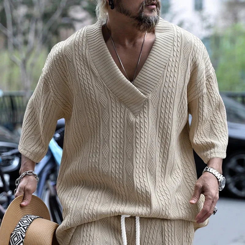 Loose Casual Knitted Men's T-shirt Summer Breathable Short Sleeve Large V-neck Sport Pure Color Male Fashion Top