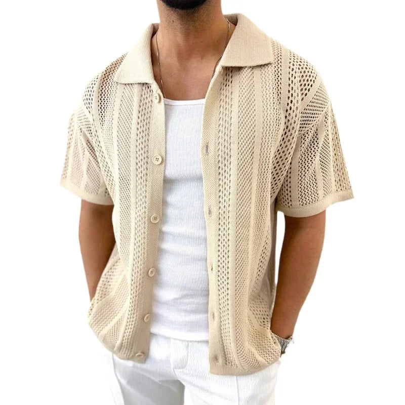 Summer Thin Knit Sweater for Men Lapel Short Sleeved Hollowed Out Cardigan Muscular Men's Clothing