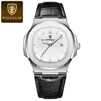 POEDAGAR Top Business Man Wristwatch Date Waterproof Luminous Luxury Men Clock Leather Quartz Fashion Square Men's Watches Reloj