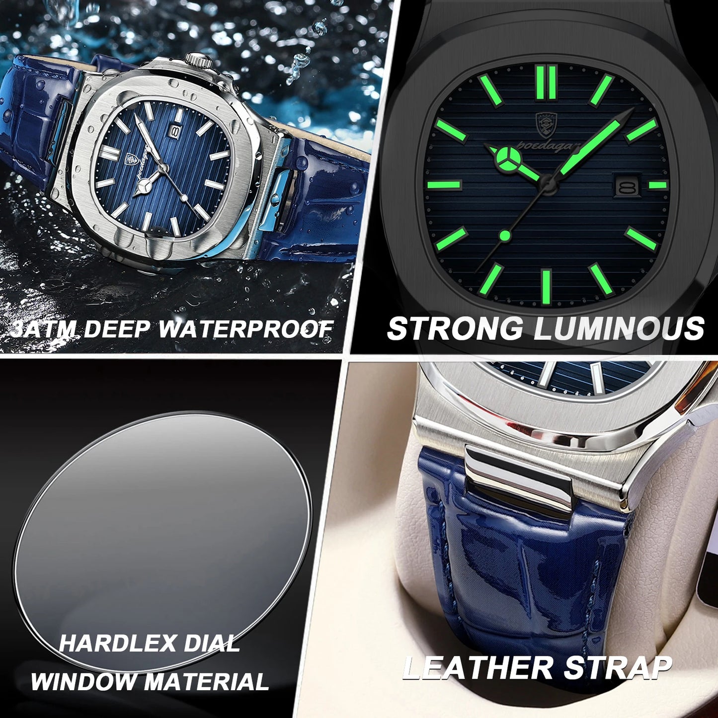 POEDAGAR Top Business Man Wristwatch Date Waterproof Luminous Luxury Men Clock Leather Quartz Fashion Square Men's Watches Reloj