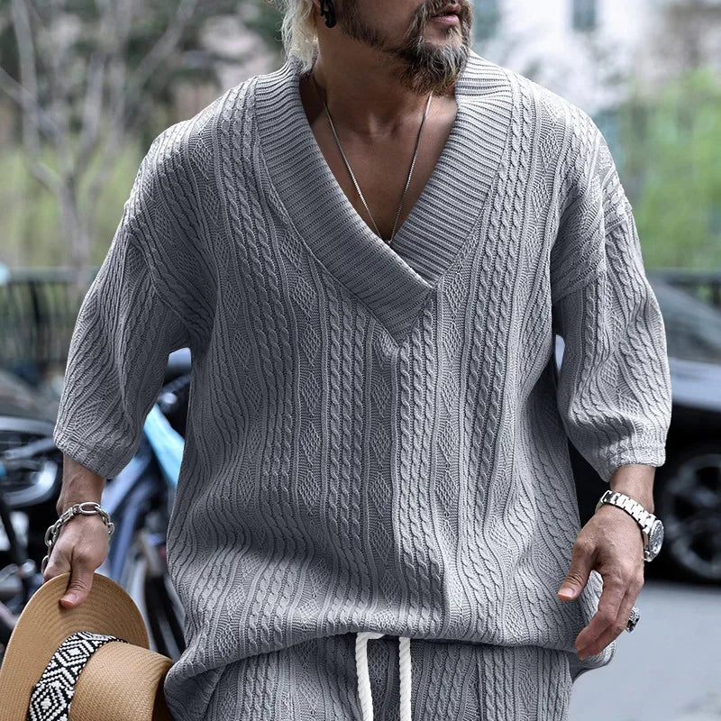 Loose Casual Knitted Men's T-shirt Summer Breathable Short Sleeve Large V-neck Sport Pure Color Male Fashion Top