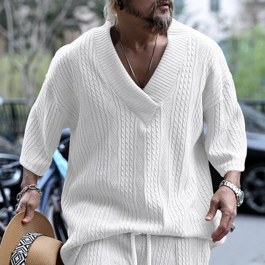 Loose Casual Knitted Men's T-shirt Summer Breathable Short Sleeve Large V-neck Sport Pure Color Male Fashion Top