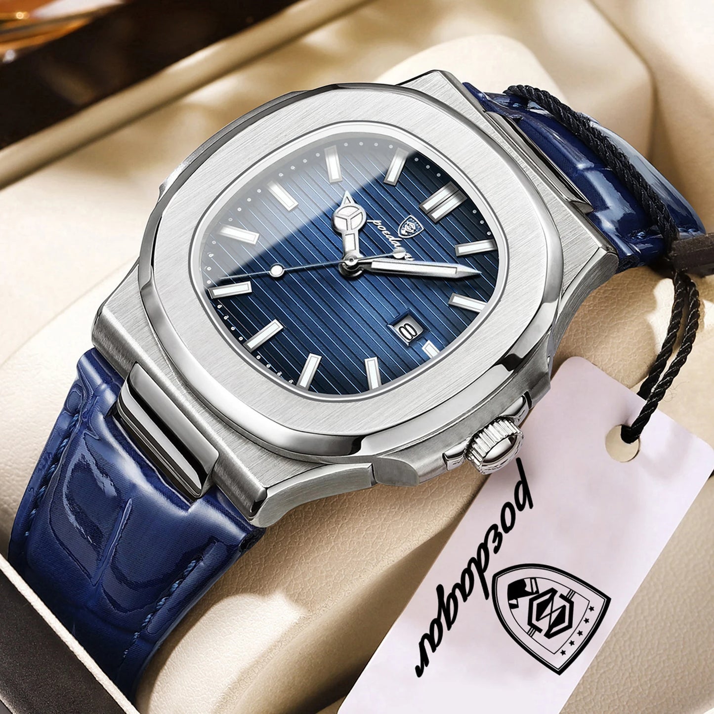 POEDAGAR Top Business Man Wristwatch Date Waterproof Luminous Luxury Men Clock Leather Quartz Fashion Square Men's Watches Reloj