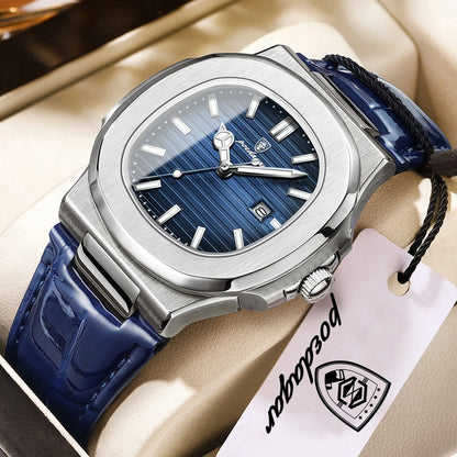 POEDAGAR Top Business Man Wristwatch Date Waterproof Luminous Luxury Men Clock Leather Quartz Fashion Square Men's Watches Reloj