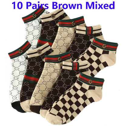 10 Pairs Men's Trendy Short Socks Summer Breathable Geometric Pattern Ankle Socks Luxury Designer Brand Fashion Low Cut Socks