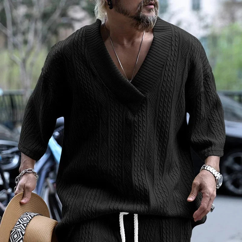 Loose Casual Knitted Men's T-shirt Summer Breathable Short Sleeve Large V-neck Sport Pure Color Male Fashion Top