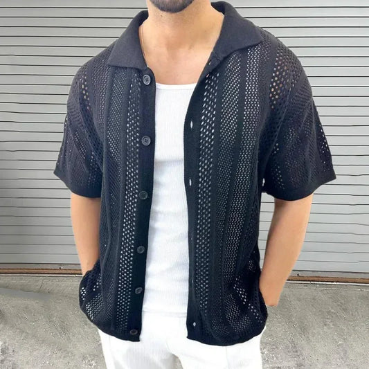 Summer Thin Knit Sweater for Men Lapel Short Sleeved Hollowed Out Cardigan Muscular Men's Clothing