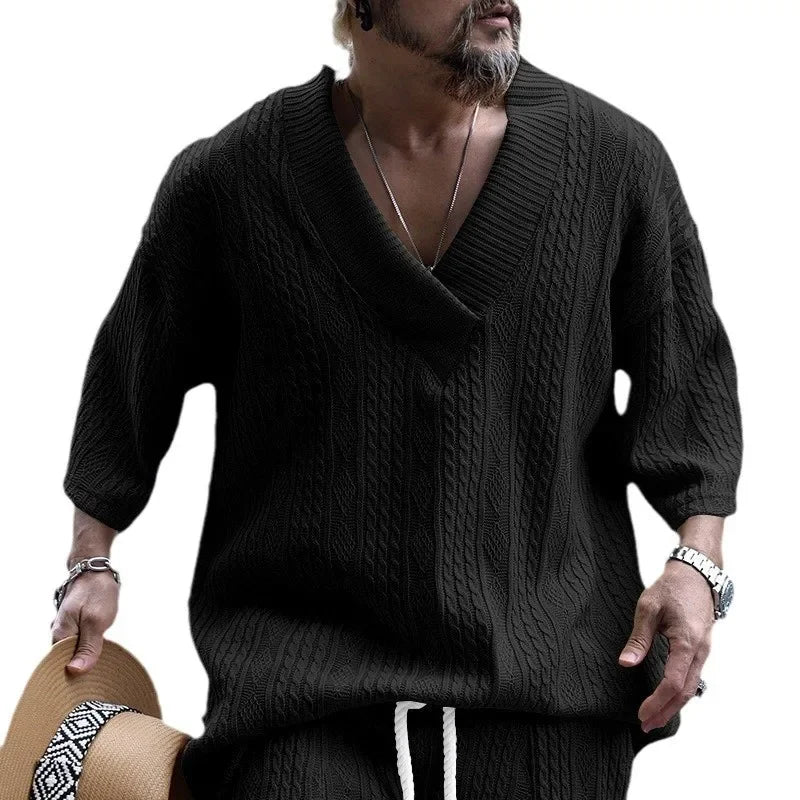 Loose Casual Knitted Men's T-shirt Summer Breathable Short Sleeve Large V-neck Sport Pure Color Male Fashion Top