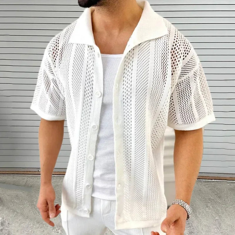 Summer Thin Knit Sweater for Men Lapel Short Sleeved Hollowed Out Cardigan Muscular Men's Clothing