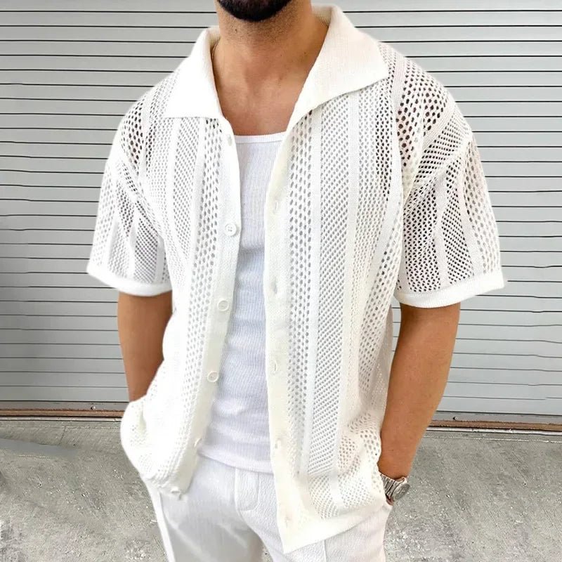 Summer Thin Knit Sweater for Men Lapel Short Sleeved Hollowed Out Cardigan Muscular Men's Clothing