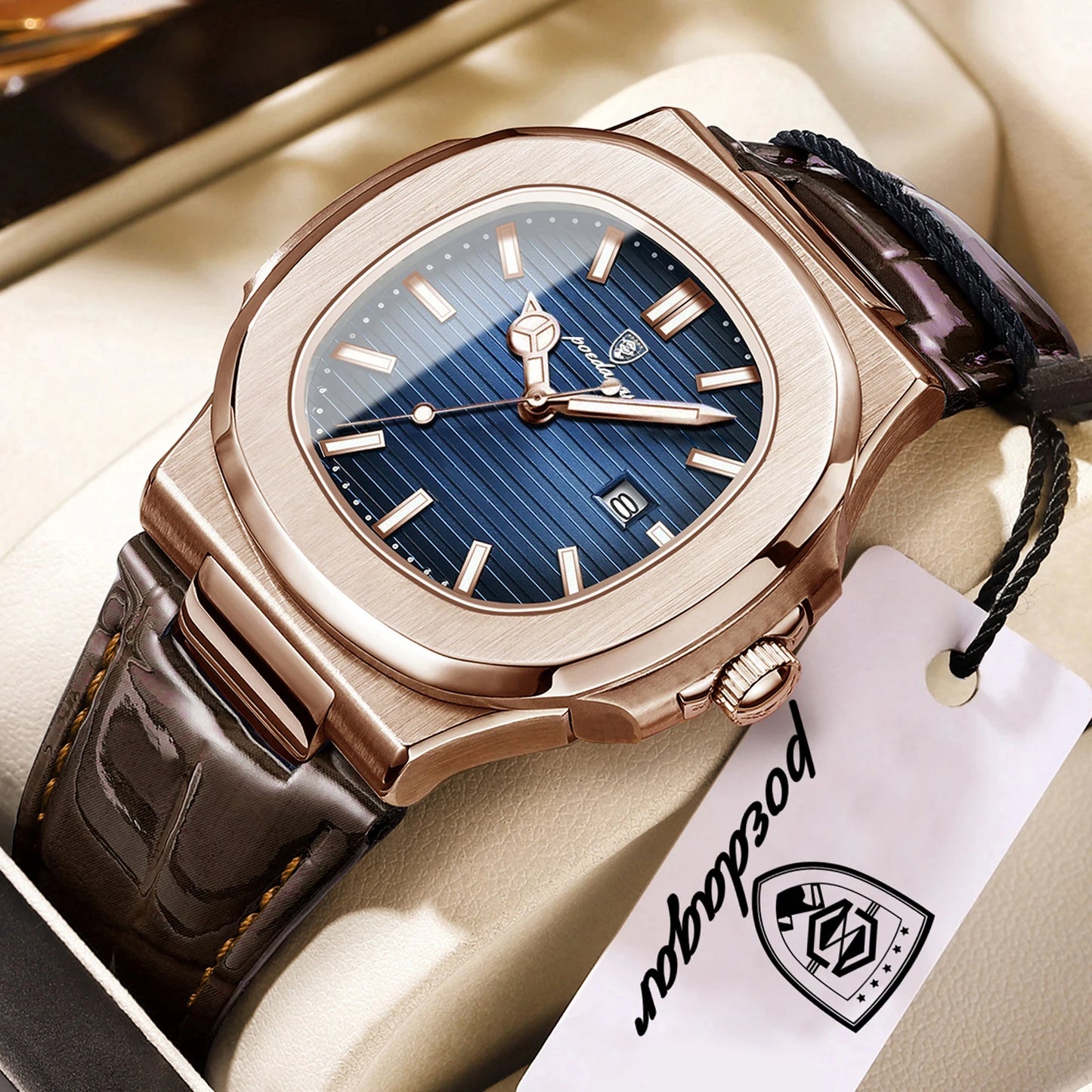 POEDAGAR Top Business Man Wristwatch Date Waterproof Luminous Luxury Men Clock Leather Quartz Fashion Square Men's Watches Reloj