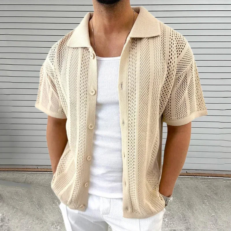 Summer Thin Knit Sweater for Men Lapel Short Sleeved Hollowed Out Cardigan Muscular Men's Clothing