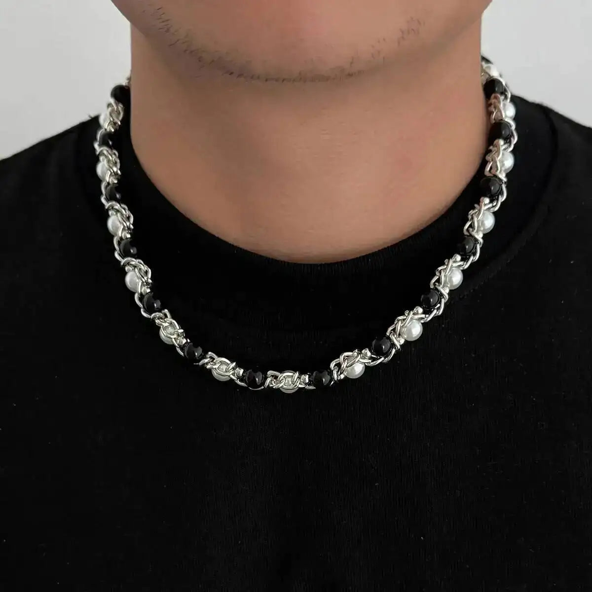 Lacteo 2025 Trendy Creative Imitation Pearl Beaded Chain Necklace Bracelet for Men Vintage Clavicle Chain Charm Jewelry Gift Set