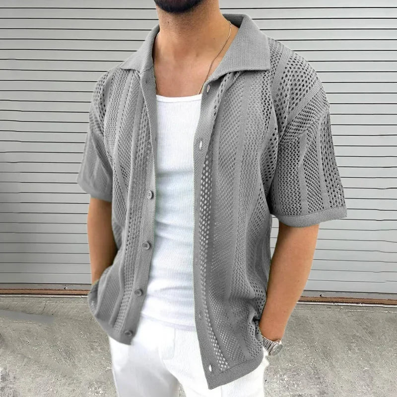 Summer Thin Knit Sweater for Men Lapel Short Sleeved Hollowed Out Cardigan Muscular Men's Clothing