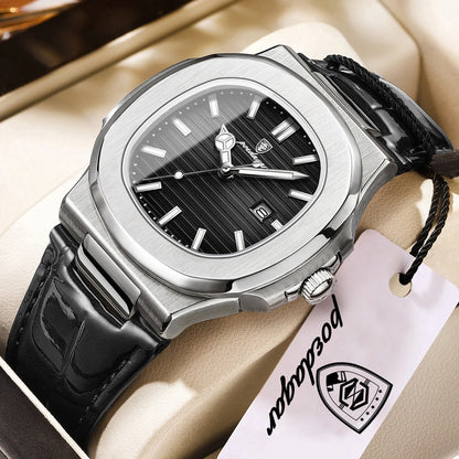 POEDAGAR Top Business Man Wristwatch Date Waterproof Luminous Luxury Men Clock Leather Quartz Fashion Square Men's Watches Reloj