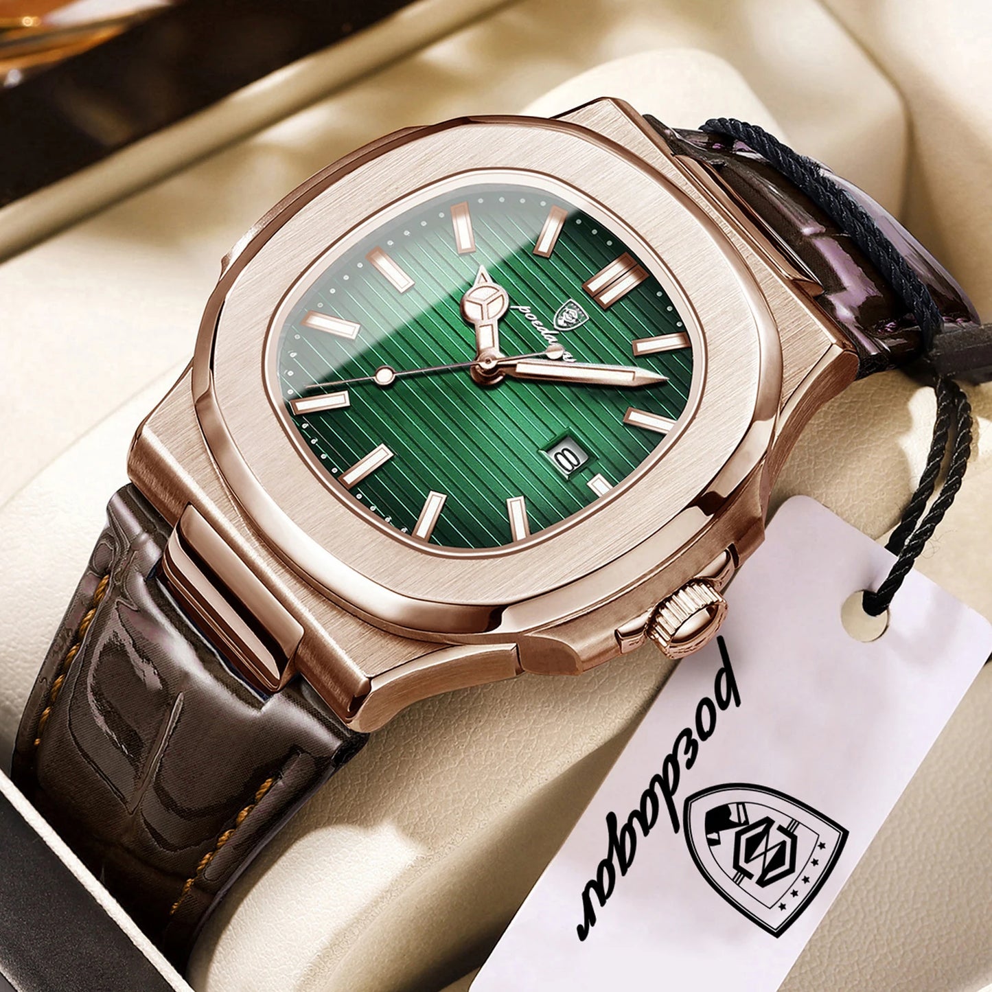 POEDAGAR Top Business Man Wristwatch Date Waterproof Luminous Luxury Men Clock Leather Quartz Fashion Square Men's Watches Reloj